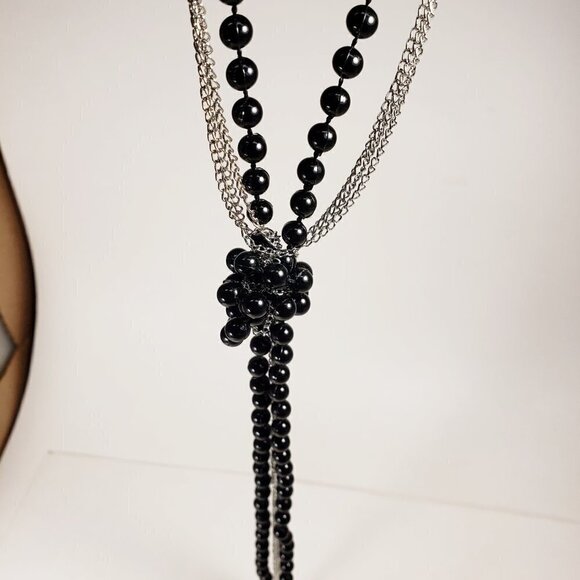 Women's Stylish Polished Silver tone 48" Black Layered Beaded Necklace - Picture 8 of 8